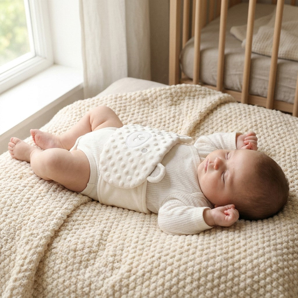 Baby sover rolig på et strikket teppe med Belliband magebelte i krem
