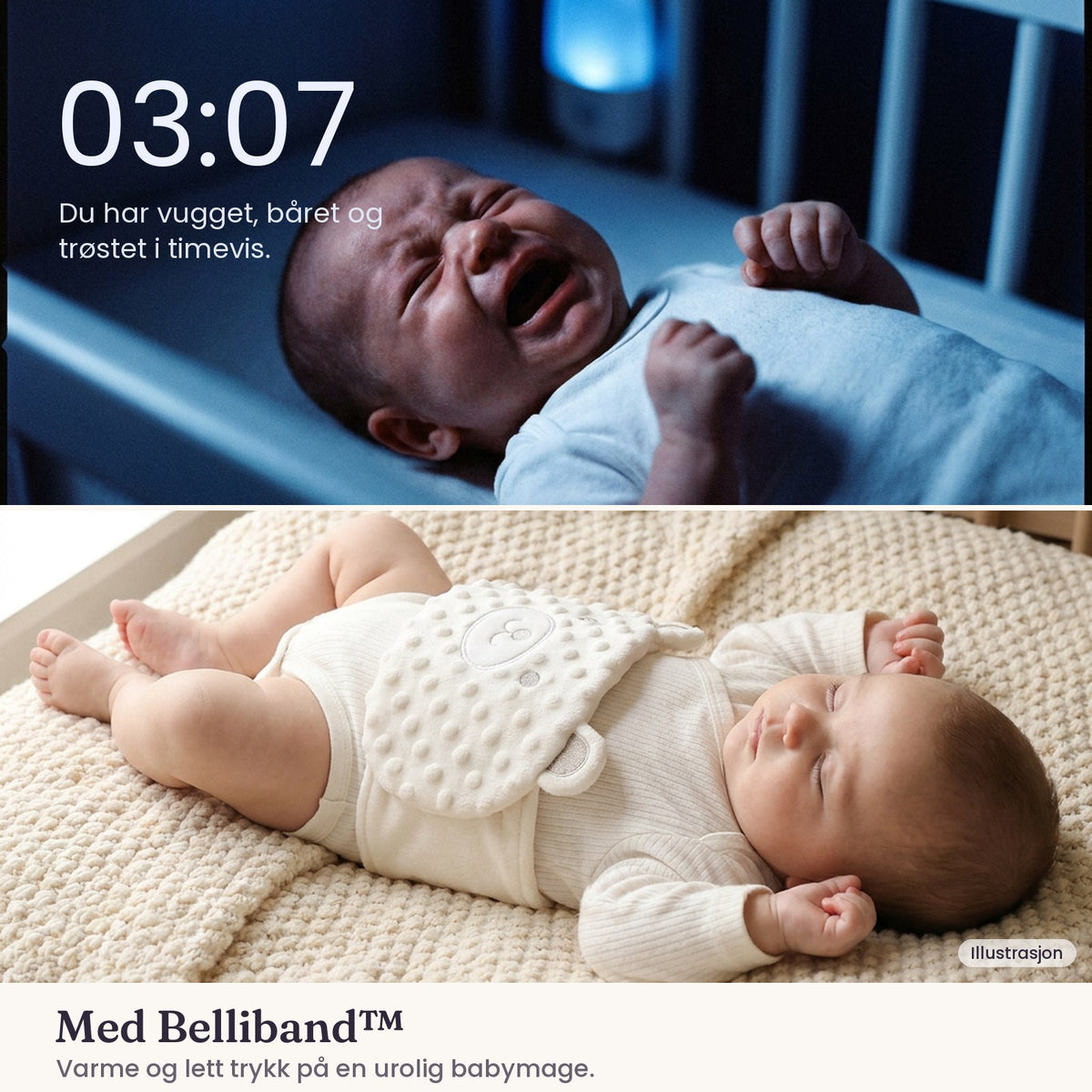 Klokka 03:07: gråtende baby om natten, og rolig baby med Belliband på magen