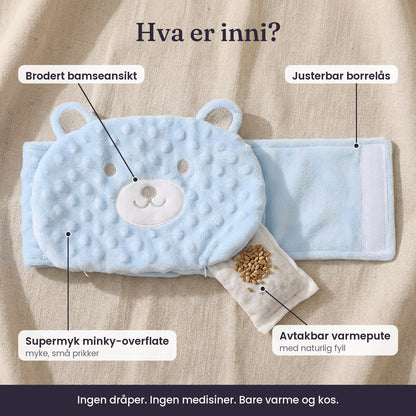 Belliband åpnet: brodert bamseansikt, borrelås, minky-overflate og avtakbar varmepute