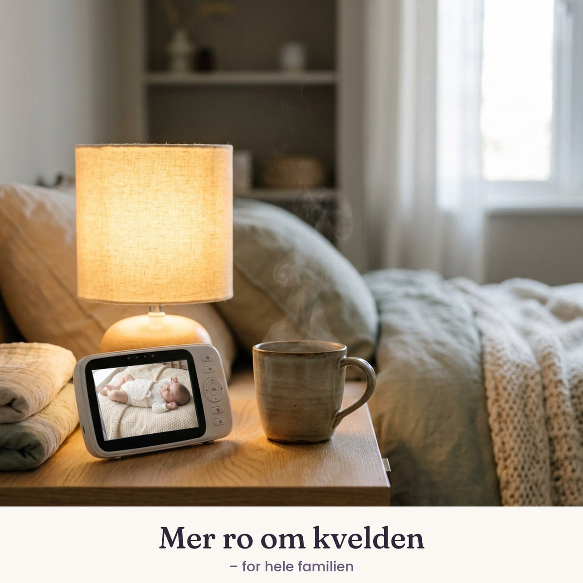 Babycall viser rolig baby med Belliband om kvelden