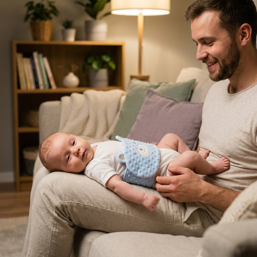 Far med baby på fanget som har Belliband i lyseblå